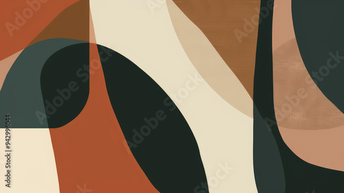 Abstract flat background with soft curves and organic shapes in earthy colors of terracotta, green, beige and grey