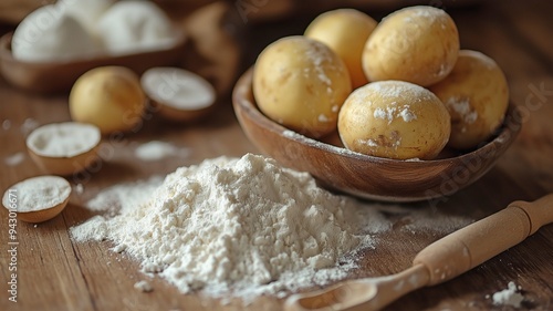 bowl of fine potato flour surrounded by fresh, unpeeled potatoes on a wooden surface.