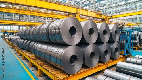 Coils of steel neatly stacked in an industrial factory, showcasing manufacturing and production processes in a modern facility.