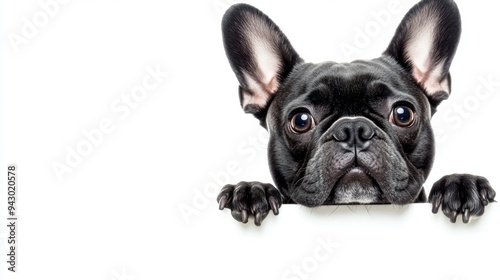 Adorable black french bulldog peeking white edge