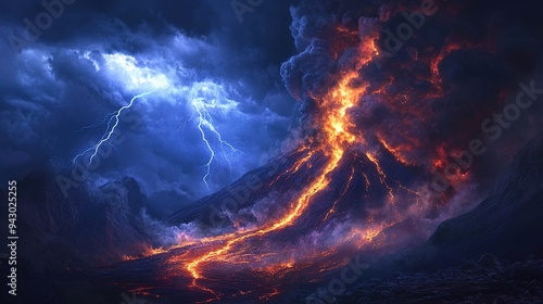 Volcanic eruption with lava flow and dramatic lightning storm in a chaotic natural landscape