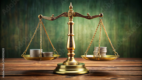 Two brass plates balance on a central pole, each holding different stacks of coins, highlighting financial equity and monetary balance against a textured green backdrop