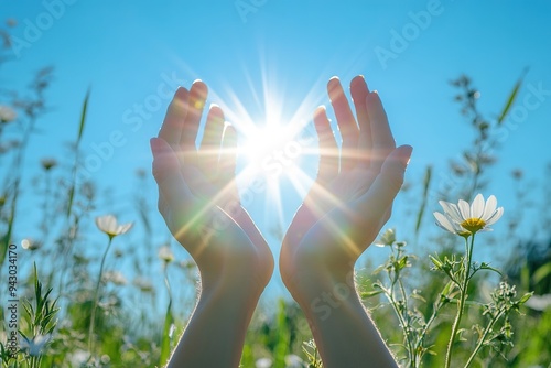 Hands cupping sunlight in blue sky, green grass, daisy flowers