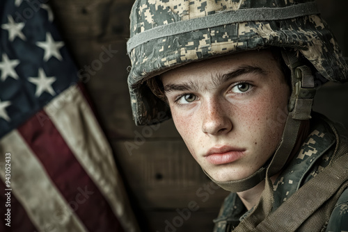 Young Army Recruit Pondering Duty and Honor. A powerful portrait of a solemn young male soldier, conveying emotions of strength and responsibility with the U.S. flag prominently displayed behind him. 