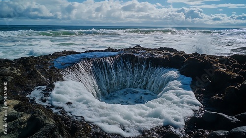 A natural blowhole on the rocky coastline with waves crashing into it, creating a dramatic and powerful display of nature's force.