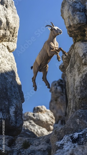 A Mountain Goat Leaping Between Two Cliff Faces