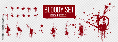 Vector set with realistic splashes and blood stains on transparent background. Big bloody marks and smudges. Dynamic blood splashes. large set traces of fresh blood. Realistic set numerous red spots