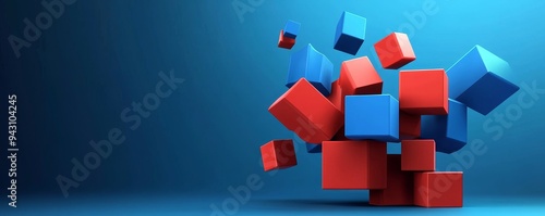 Abstract 3D composition with red and blue cubes against a blue background.