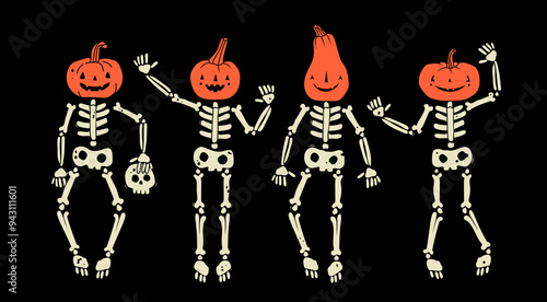 Set of human Skeletons with Pumpkin head. Hand drawn modern Vector illustration. Isolated design elements. Poster, print template. Cute creepy characters. Halloween, spooky, horror, holiday concept