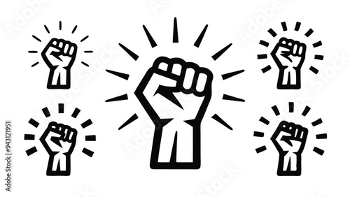 A set of five black and white illustrations depicting a raised fist with rays emanating from it.