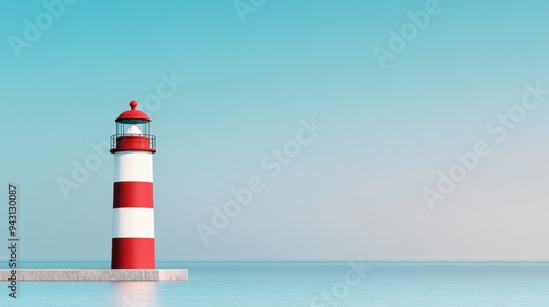 Solitary red and white lighthouse overlooking calm blue ocean under clear sky