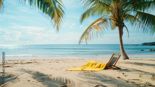 A serene beach scene with a single lounge chair draped in a yellow towel, under the shade of palm trees, inviting relaxation.