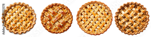 Apple pie with a golden, lattice crust and a slightly bubbling filling, isolated white, cut out, PNG.