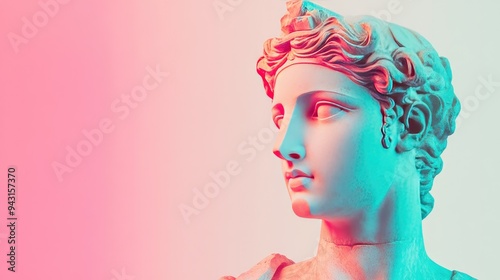 A bust of an ancient Greek stone statue on a bright pastel background, merging classical art with modern design aesthetics.