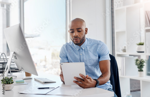 Black man, tablet and business agenda in office, online and public relations platform. Male person, professional and email for client networking, press release and social media for market research