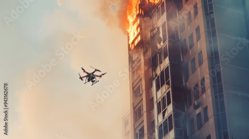 A drone captures a towering high-rise engulfed in flames, with thick smoke pluming into the sky, signifying an intense fire emergency situation.