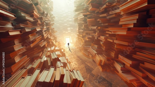 A person runs towards a bright doorway between towering stacks of books in a vast library illuminated by warm light