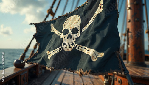 Pirate flag flying on a pirate ship, with sails billowing in the wind over the open sea.