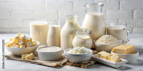 A photo image of a composition of various white milk products arranged artistically on a crisp white background, with subtle highlights and shadows.