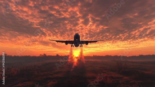 A wide-angle shot of an airplane in mid-takeoff, with the jet stream and smoke trailing behind, set against a colorful sunrise or sunset.