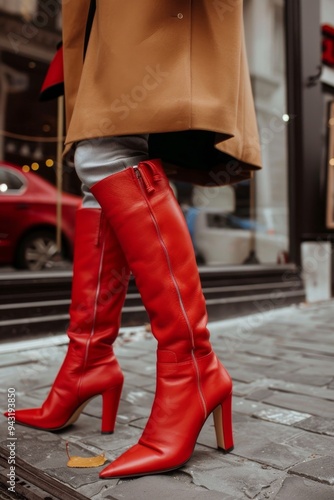 Autumn Elegance: Red High Heeled Boots Amidst Fallen Leaves