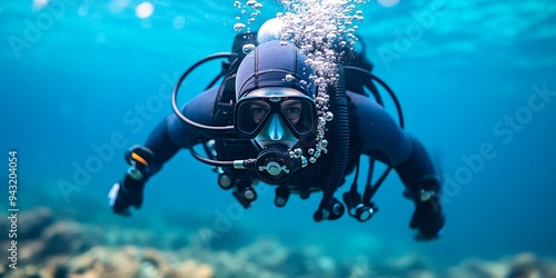 scuba diving underwater adventure - man in wetsuit exploring ocean depths with dive gear and mask.