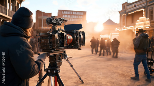 Film crew on a movie set with professional camera equipment and crew members dressed in western attire. The set resembles an old Western town.