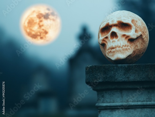 spooky halloween skull on gravestone with full moon in night cemetery.