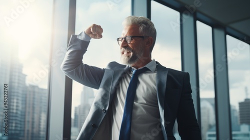 A senior executive raising his fist in a gesture of triumph while standing in a brightly lit boardroom with a cityscape 