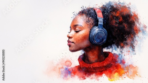 Artwork of person wearing headphones in vibrant colors.