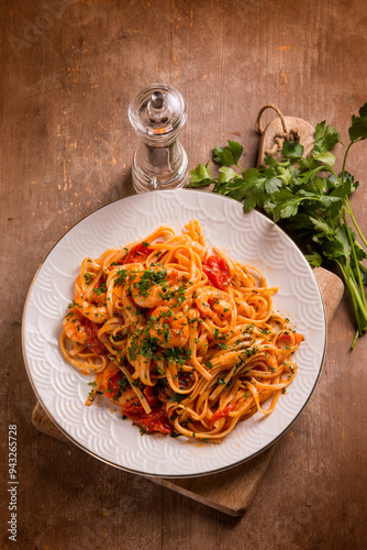 linguine with shrimp tomato sauce and parsley