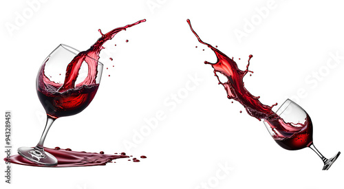 Red wine splashes dramatically from two tilted glasses, capturing motion and energy against a clear background. The rich color and movement convey a sense of elegance and celebration.