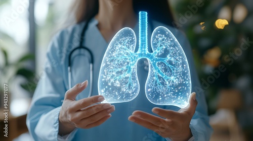 Pulmonologist analyzing lung function and respiratory health with a 3D holographic lung model Stock Photo with copy space