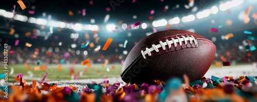 Football at the edge of the end zone, surrounded by colorful confetti, stadium lights softly illuminating the scene, celebration scene, touchdown focus