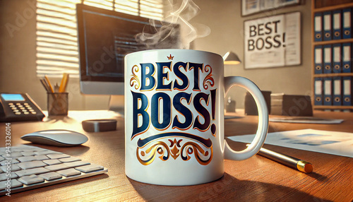 A steaming "best boss" mug, on a table, in an office