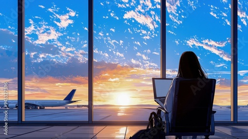 A traveler works on a laptop while enjoying the sunset view from the airport lounge, creating a serene travel experience.