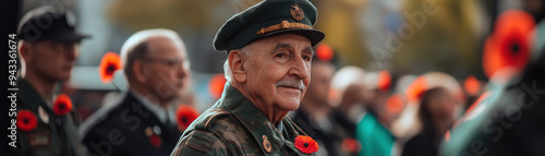 A veteran wearing a military uniform, adorned with a poppy, stands proudly at a solemn remembrance event.