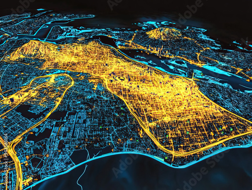 Technical aerial visual, 3D LiDAR GIS aerial map satellite scan model isolated, showing Ajax, Canada. Elevation, topography, render