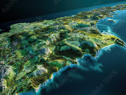 Technical aerial visual, 3D LiDAR GIS aerial map satellite scan model isolated, showing Ajax, Canada. Elevation, topography, render