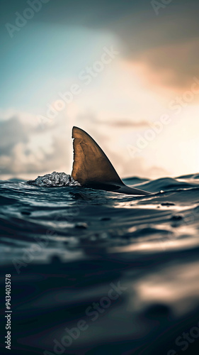 Shark fin piercing tranquil water surface against serene sunset sky, creating an ominous yet beautiful seascape