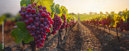 Morning sunlight illuminating ripe grapes on a vine, with rows of vineyards stretching into the distance, capturing the essence of a fruitful harvest in a tranquil countryside