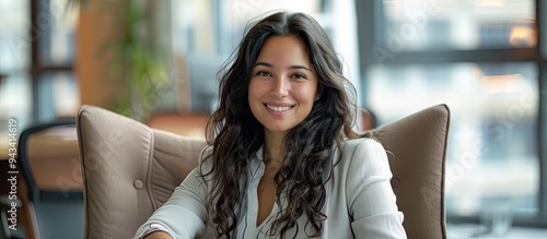 A content Latin woman in her thirties sits in an office chair smiling showing satisfaction with her career progress. Creative banner. Copyspace image