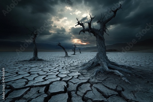 A dramatic scene featuring a barren, cracked earth landscape with eerie, leafless trees under a stormy sky, evoking themes of desolation and environmental apocalypse.