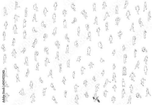 Set with people outlines in different positions from black lines isolated on white background. Men, women and children walking, running, standing, sitting. Isometric view. Vector illustration. 3D