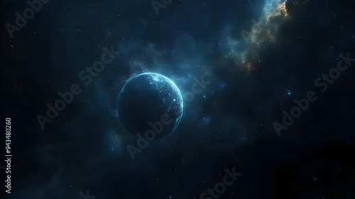 A blue planet with a glowing surface is seen in the distance, surrounded by a nebula.