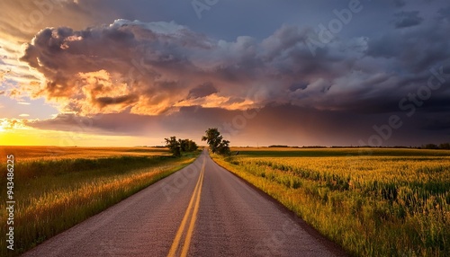 rural road with dramatic clouds in southern minnesota at sundown