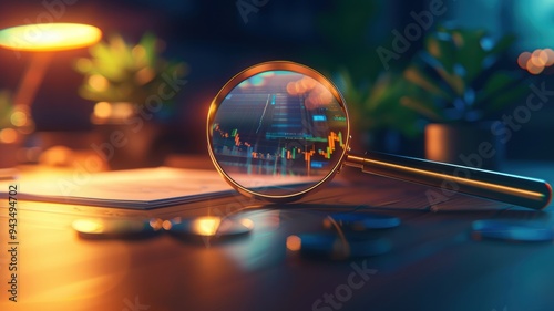 A close-up view of a magnifying glass reflecting financial charts, symbolizing analysis and investment in a cozy workspace.