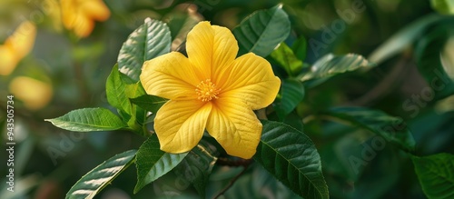 Blooming Turnera ulmifolia ramgoat dashalong or yellow alder flowers in the yard with a copy space image