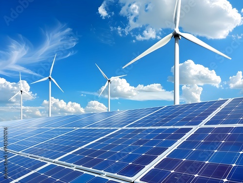 A bright day with solar panels and wind turbines harnessing renewable energy against a vibrant blue sky