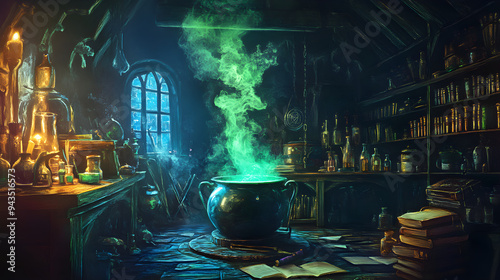 A witch's workshop filled with bubbling potions, glowing green smoke rises from a cauldron surrounded by shelves of books and mystical artifacts